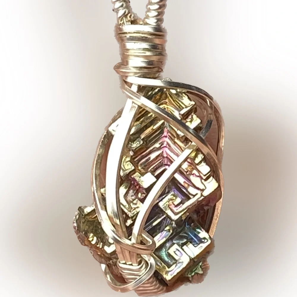Artist Silver Wire cage wrapped pendant rainbow iridescent geometric bismuth